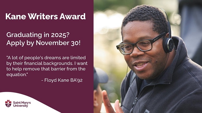 A poster to promote the 2025 Kane Writers Award application process. On the right is an image of Floyd Kane BA'92 on a film set. White text against a maroon background at left:  Kane Writers Award | Graduating in 2025? Apply by November 30!  