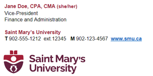 Email Signature with name, pronouns, position, phone number, email, web address and logo.