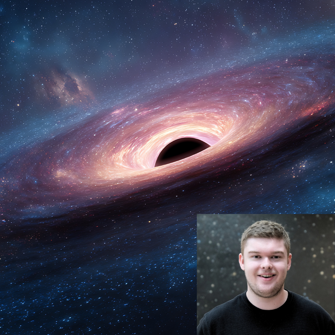 A photo of Keegan is superimposed on a larger photo of a black hole in space
