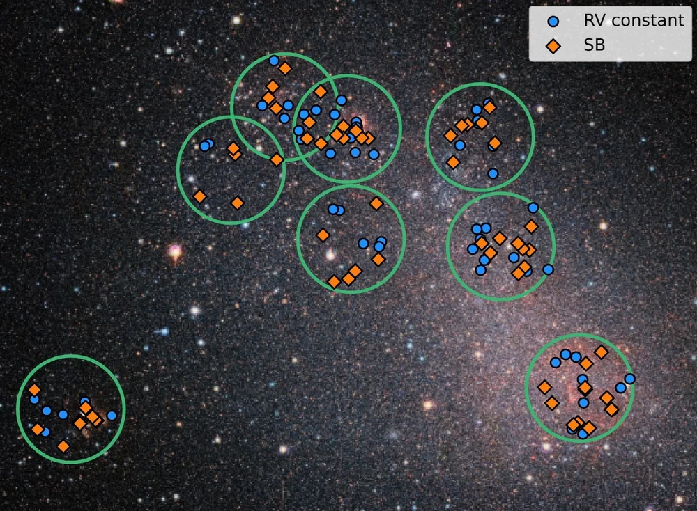 A phot of space with areas circled showing Massive stars in the Small Magellanic Cloud